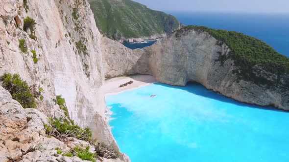 Slow Motion Aerial View of Amazing Turquoise Navagio Beach, Holiday in Paradise, Seascape, Vacation