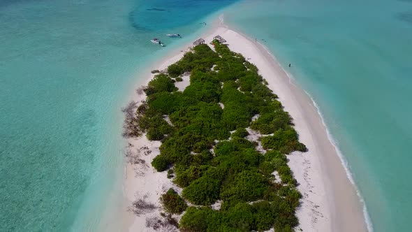 Drone aerial panorama of bay beach by blue lagoon and sand background