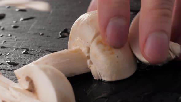 Man Cut Mushrooms on Kitchen By Knife Macro, Chef Close Up Cooking Pasta