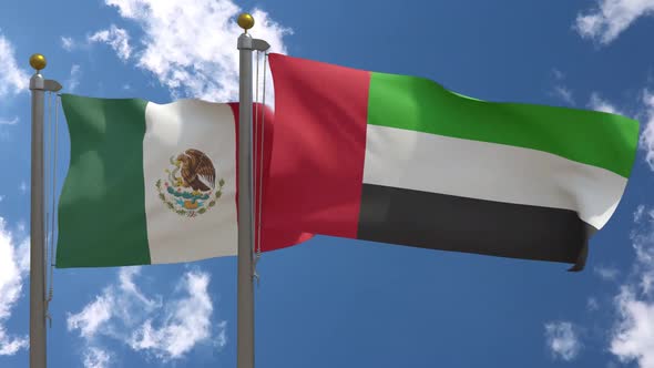 Mexico Flag Vs United Arab Emirates UAE Flag On Flagpole