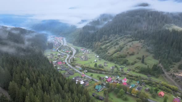 Aerial View of the Village in the Carpathian Mountains in Autumn. Ukraine