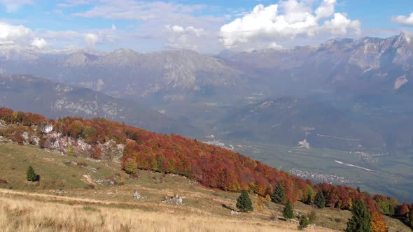 Revealing aerial shot of So?a valley in Slovenia.