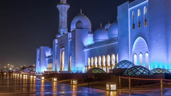 Sheikh Zayed Grand Mosque Illuminated at Night Timelapse Abu Dhabi UAE