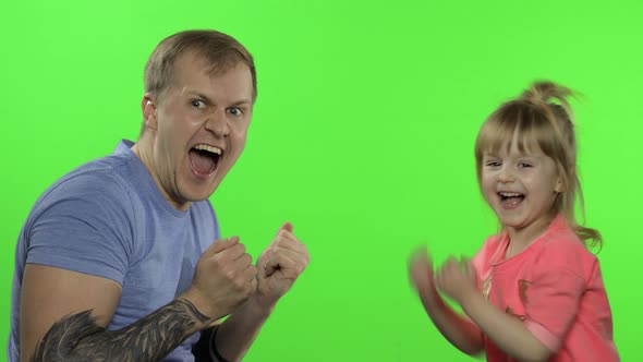 Father and Little Daughter Laughing, Playing Together. Chroma Key. Leisure Games
