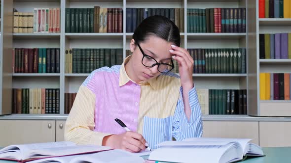 Teenage Girl Student with Glasses Studying in the School Library