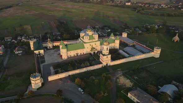 Aerial Shot Village Mezhyrich. Holy Trinity Monastery Of The Upc. Ukraine