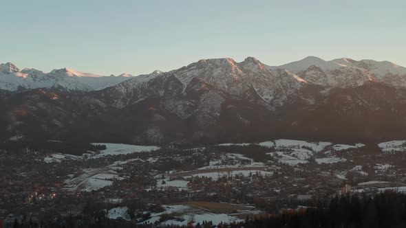 Winter Aerial View Of Zakopane Town From Gubalowka Hill In Poland. wide shot