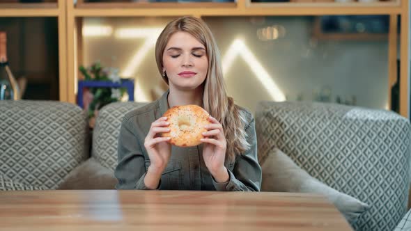 Hungry Female Feeling Smell Bite Fragrance Pastry Having Pleasant