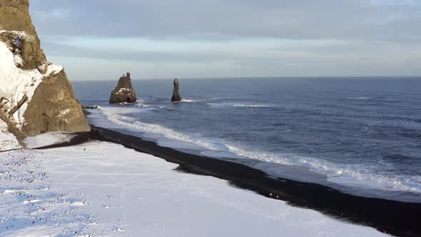 Reynisdrangar Columns and the Black Sand Beach in Iceland