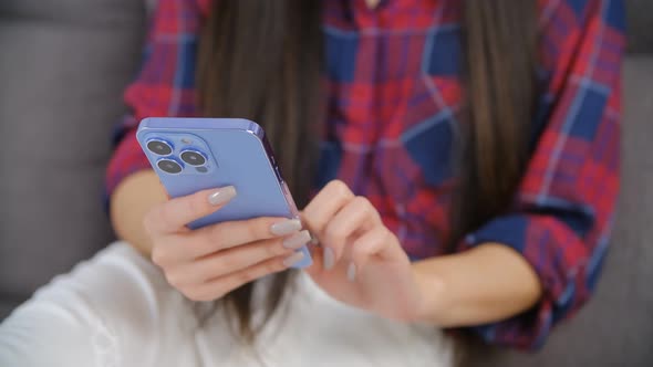 Girl using modern smart phone device for online communication