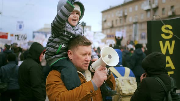 Dad Single Parent Protesting with Bullhorn