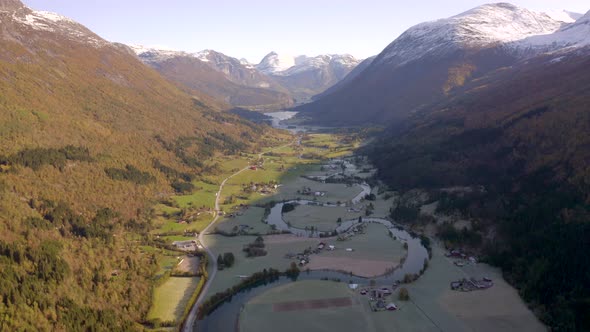 Stryn Town and Valley With Beautiful Winding River in the Early Morning