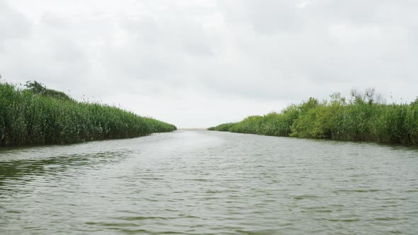 Flying Over River Between Green Fields