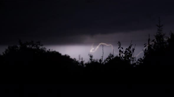 4K Flashing lightning discharge at night cloudy sky. Silhouette of bushes trees leaves. Thunderstorm