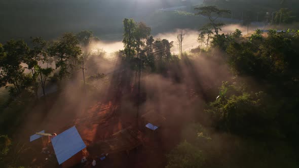 4K Aerial video, The sun's rays over the sea of mist in the morning