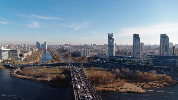 Modern Area of a Big City Aerial View Car Traffic on the Bridge