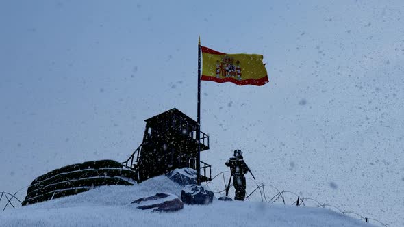 Spanish Soldier On The Border In Snowy Weather