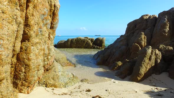 Aerial drone shot panorama of perfect coast beach journey by aqua blue ocean and bright sand backgro