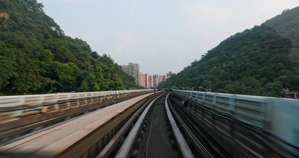 Monorail train moving though the city