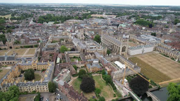 Establish shot Cambridge City centre England drone aerial view 4K footage