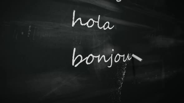 Chalk writing 'Welcome' word in multiple international foreign languages.