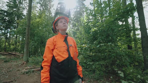 Portrait of a Woman Logger Standing in the Forest a Young Specialist in Protective Gear Works on