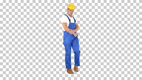 Workman with helmet walking in a funny way and laughing Alpha