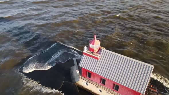 Waves crashing around Grand Haven, Michigan Lighthouse.