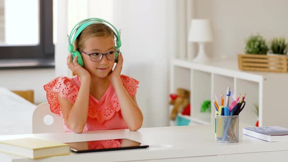 Girl in Headphones Listening To Music at Home