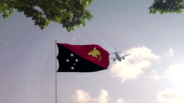 Papua New Guinea Flag With Airplane And City 