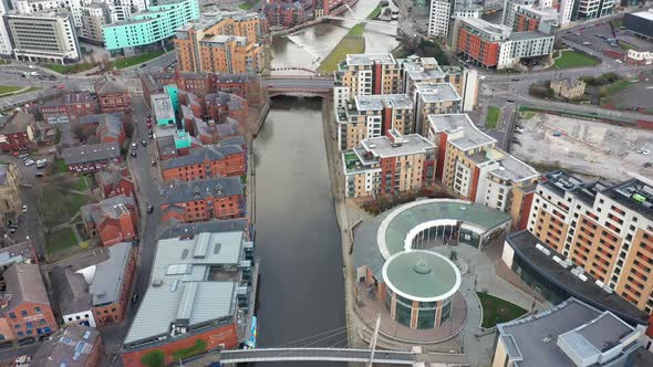 Aerial footage of the area in the Leeds City Centre known as Brewery Wharf in the UK