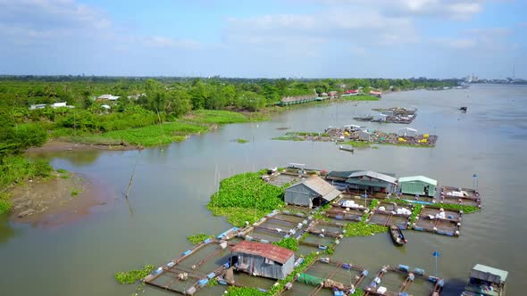 Mekong River Covered Fish Farms Drone Flyover