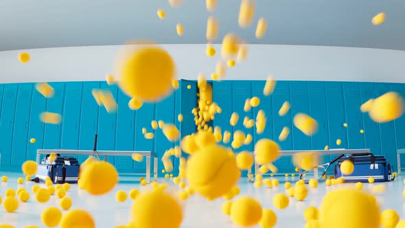 A large number of yellow balls jumping out from locker in the changing room.