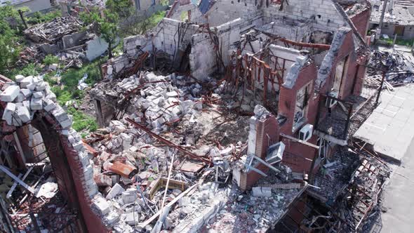 Aerial View of a Destroyed Building in the City of Makariv Ukraine