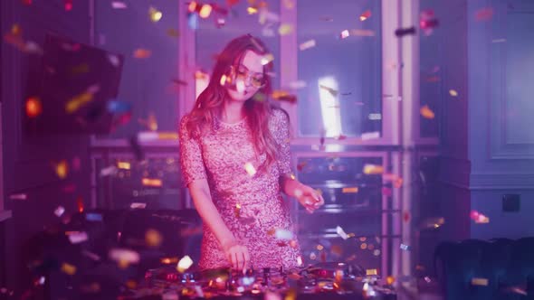 Luxury Party Glamour Female Dj Dancing in the Night Club Golden Confetti Flying in the Air Neon
