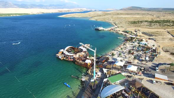 Aerial view of bungee jumping ramp on zrce beach, Pag