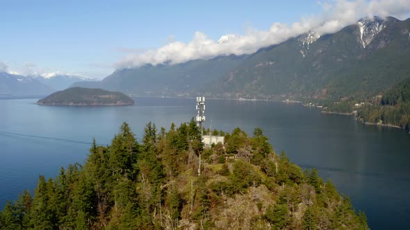 Panoramic View Of Howe Sound, Mountain And Bowyer Island At Daytime In BC, Columbia. - aerial