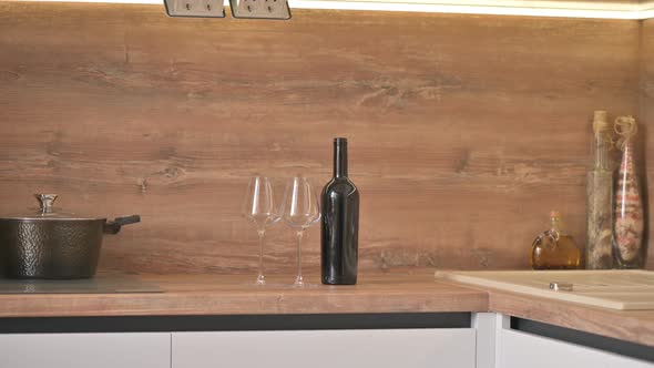 Closeup Panorama of Modern White and Wooden Beige Kitchen Interior