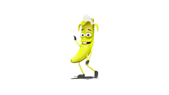 Banana Walking Cheerfully Greets on White Background