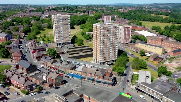 Aerial drone footage of the town centre of Armley in Leeds West Yorkshire on a bright summers day