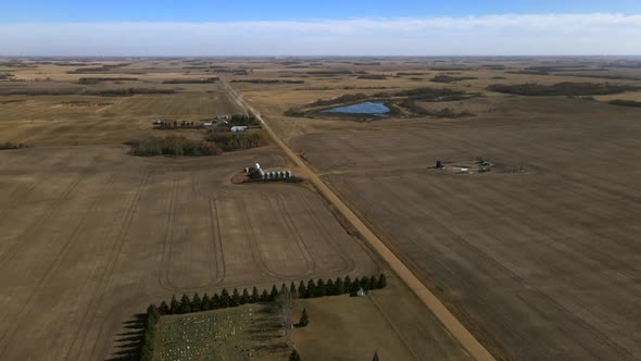 Orbiting drone high above St. Boniface church in Flagstaff County, Alberta. Quick cinematic cameraem