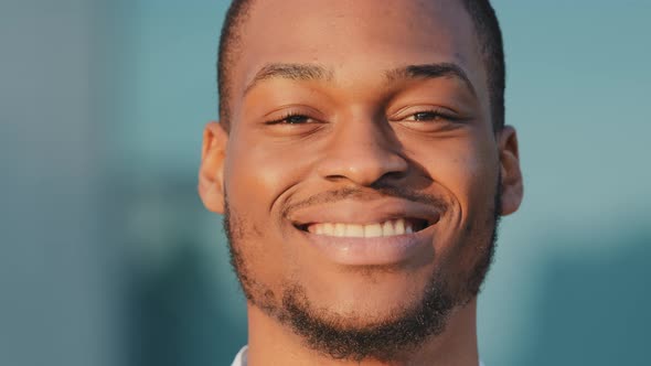 Male Portrait Outdoors Close Up Afro American Man Black African Guy Smiling Toothy Face Happy Head
