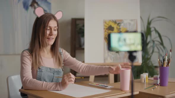 Kids Drawing Teacher In Mouse Mask