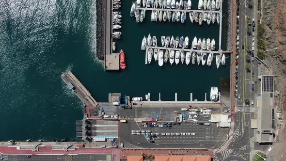 Top-down aerial view of the port in San Sebastian de La Gomera, Canary Islands