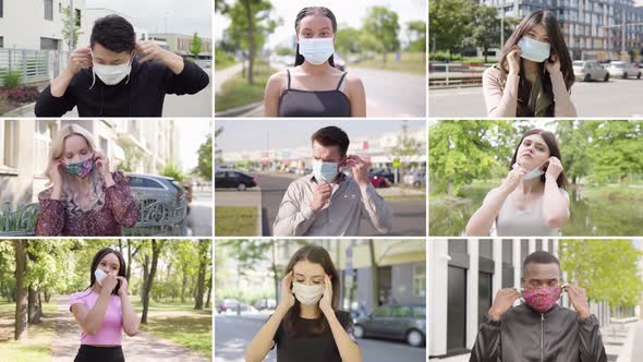 Compilation  Group of Nine Multicultural People with Face Mask Puts on Face Masks and Looks