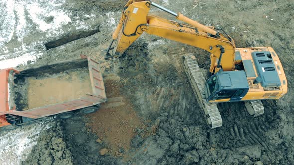 Excavator Is Collecting Soil To Pour It Into the Truck