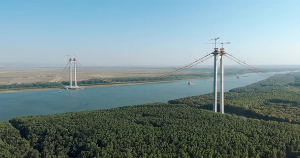 Danube River Spanned By Braila Bridge Under Construction With Towers And Main Cables In Romania