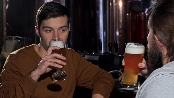 Young Man Enjoying Drinking Delicious Beer with His Friend, Clinking Glasses