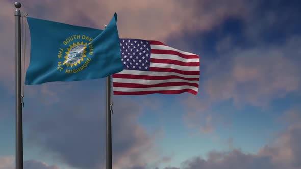 South Dakota State Flag Waving Along With The National Flag Of The USA - 4K