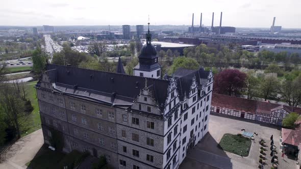 Historic Castle Wolfsburg rotating aerial view - Germany